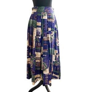 Vintage Indigo and Tan Printed Cotton Midi Skirt Size Small